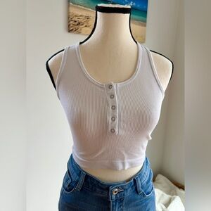 Aura White Ribbed Henley Crop Tank